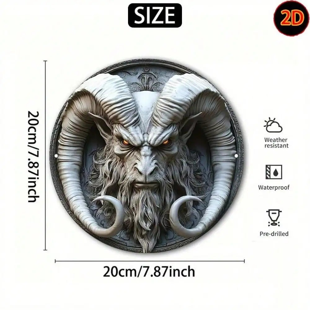 Gothic Goat Head Metal Plaque， Heavy-Duty Aluminum Devil Wall Art with Glaring Eyes & Textured Decor， Gothic Wall Decor Sign