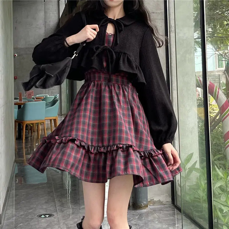 KOSAHIKI Plaid Dress Sets Women Outfits Black Lace Up Long Sleeve Cardigan Teen Girls Ruffles Sweet High Waist Sleeveless Dresse