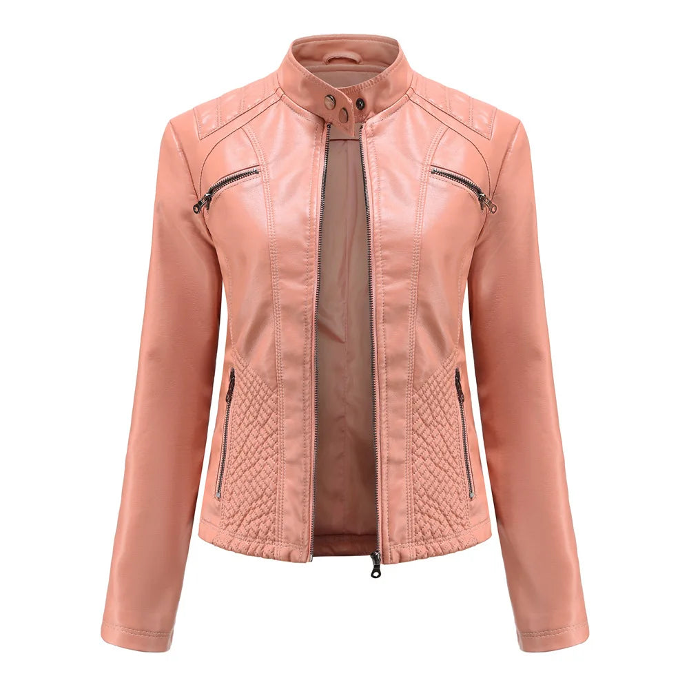 Faux Leather Motorcycle Jacket for Women, Female Coat, Moto Biker, Purple, Black,  Autumn, Spring, Fashion