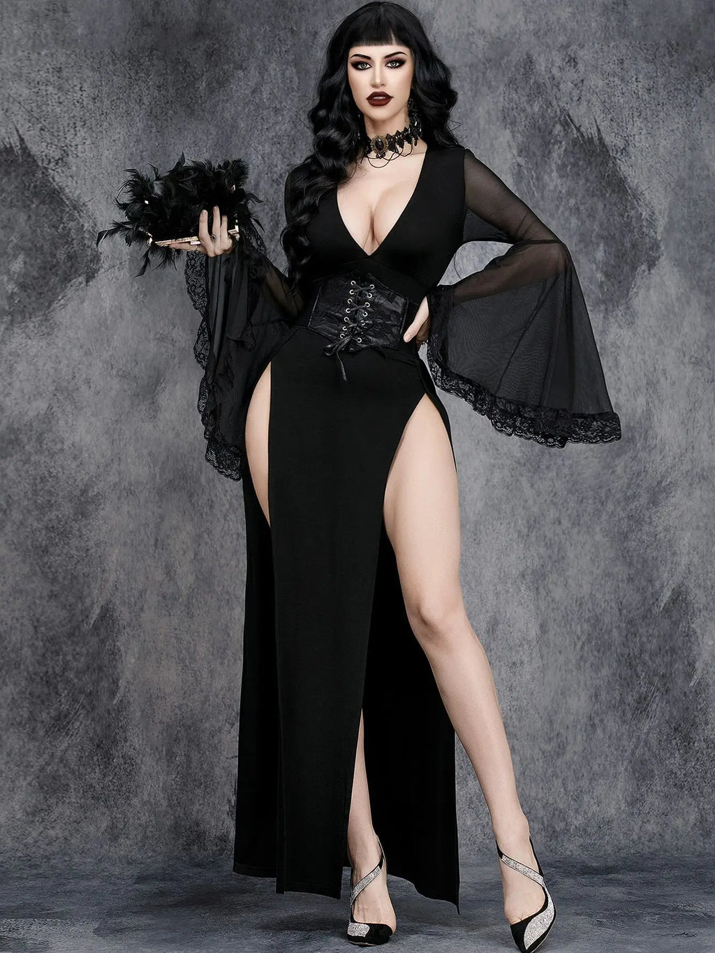 AltGoth Aesthetic Gothic Dark Cosplay Dress Women Streetwear Vintage Elegant Lace Sleeve Patchwork V-neck High Waist Split Dress