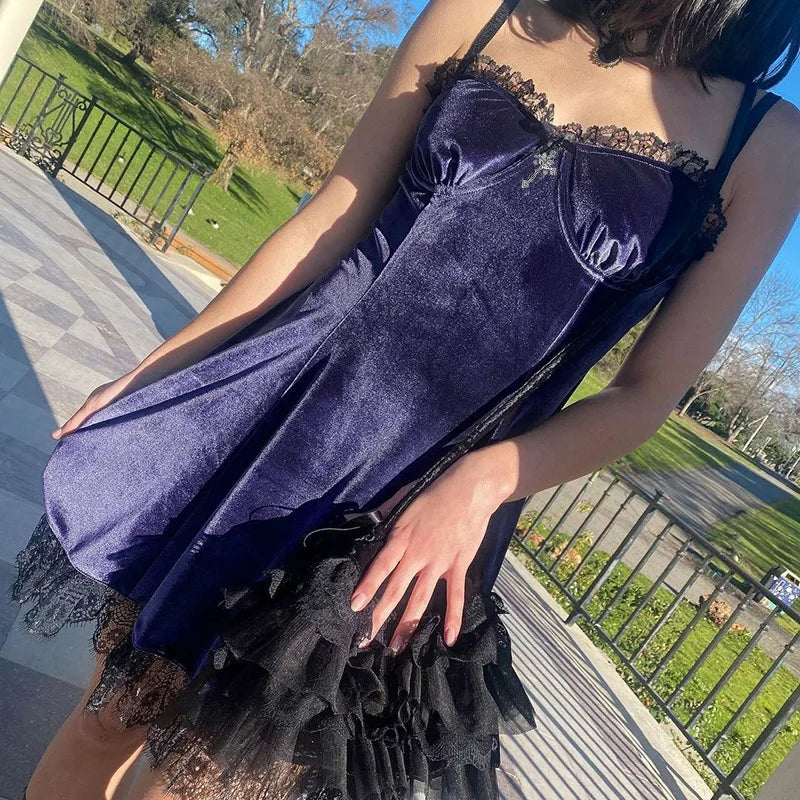 Goth Cross Sexy Purple Dress Vintage Velvet A Line Lolita Dress Aesthetic Gothic High Waist Ladies Club Party Dresses