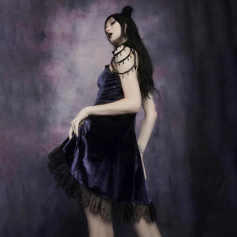 Goth Cross Sexy Purple Dress Vintage Velvet A Line Lolita Dress Aesthetic Gothic High Waist Ladies Club Party Dresses