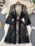 SINGREINY Mesh Lace Sxy Cardigan Pajamas Women Thin V Neck Transparent Black Lace-Up Design Fashion Loose Long Shawl Cardigan