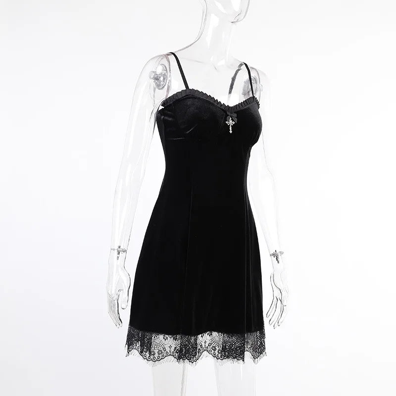 Goth Cross Sexy Purple Dress Vintage Velvet A Line Lolita Dress Aesthetic Gothic High Waist Ladies Club Party Dresses