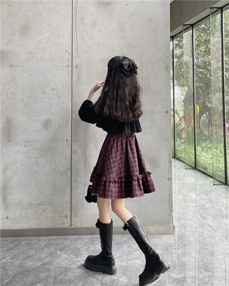 KOSAHIKI Plaid Dress Sets Women Outfits Black Lace Up Long Sleeve Cardigan Teen Girls Ruffles Sweet High Waist Sleeveless Dresse