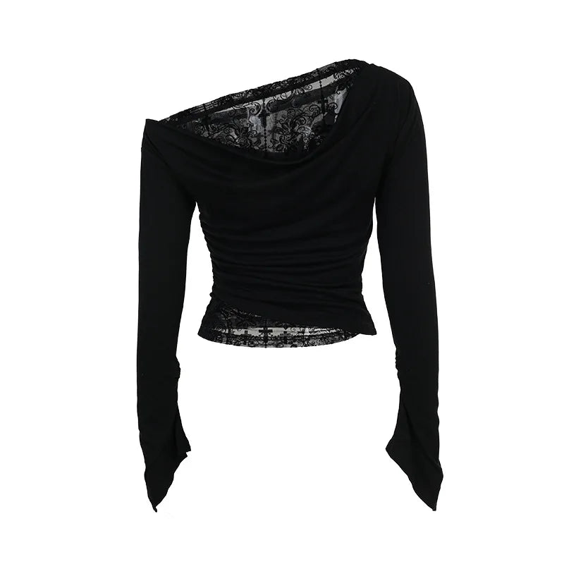 Goth Long Sleeve Oblique Shoulder Tops Fashion Autumn Elegant Flocking Mesh Patchwork T-shirts Mall Goth Techwear Alt Cloth