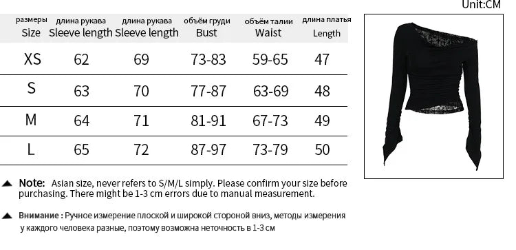 Goth Long Sleeve Oblique Shoulder Tops Fashion Autumn Elegant Flocking Mesh Patchwork T-shirts Mall Goth Techwear Alt Cloth