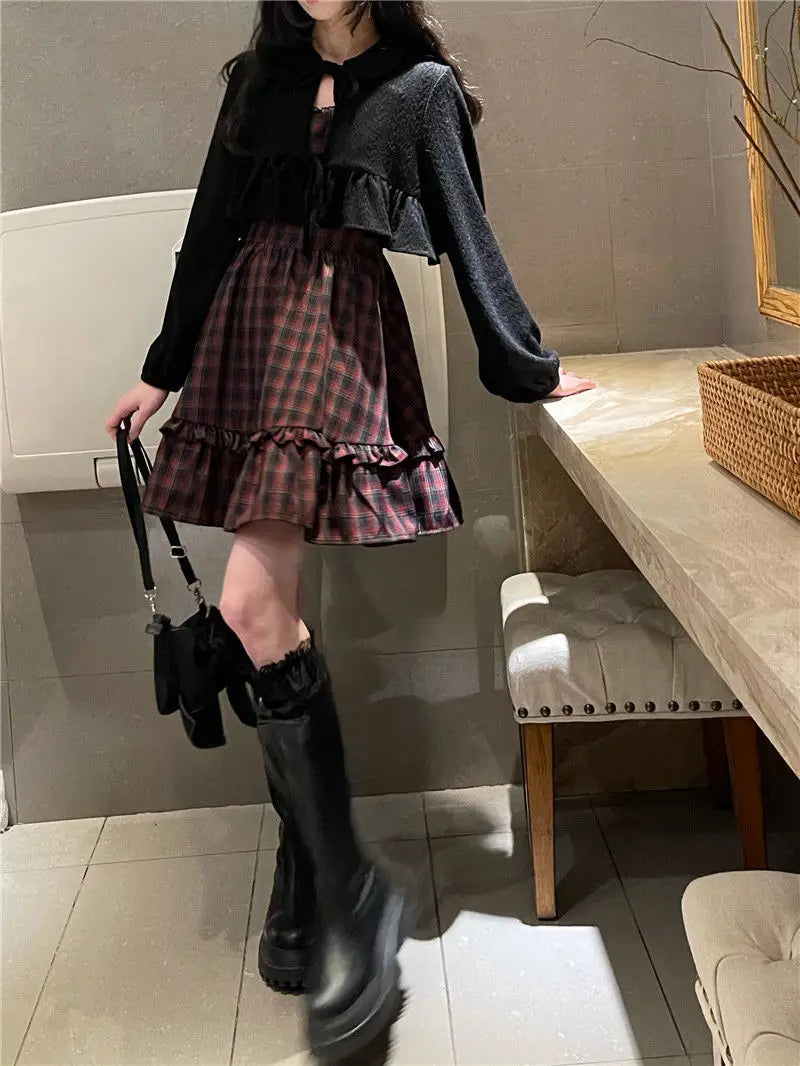 KOSAHIKI Plaid Dress Sets Women Outfits Black Lace Up Long Sleeve Cardigan Teen Girls Ruffles Sweet High Waist Sleeveless Dresse