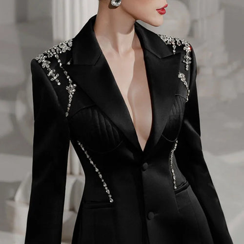 2023 Autumn and Winter Deep V-neck Slim Black Blazer Suit Dress Mid-Waist Diamond A- Line Blazer Coat