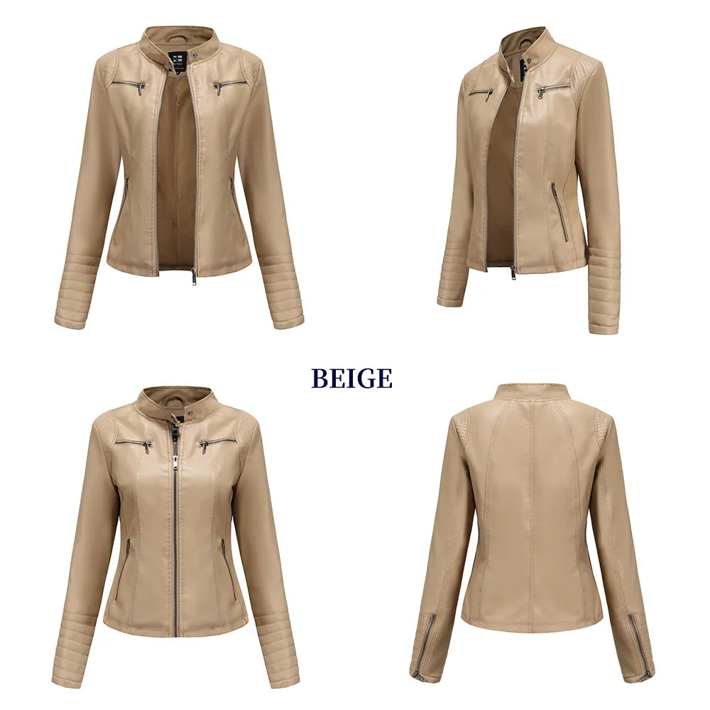 Faux Leather Motorcycle Jacket for Women, Female Coat, Moto Biker, Purple, Black,  Autumn, Spring, Fashion