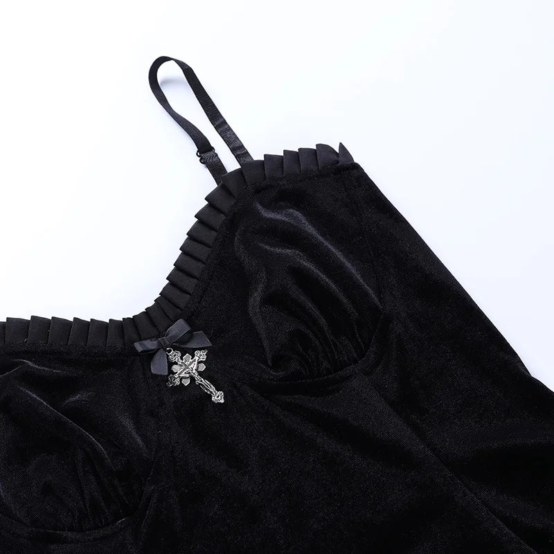 Goth Cross Sexy Purple Dress Vintage Velvet A Line Lolita Dress Aesthetic Gothic High Waist Ladies Club Party Dresses