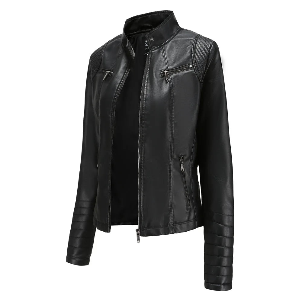 Faux Leather Motorcycle Jacket for Women, Female Coat, Moto Biker, Purple, Black,  Autumn, Spring, Fashion