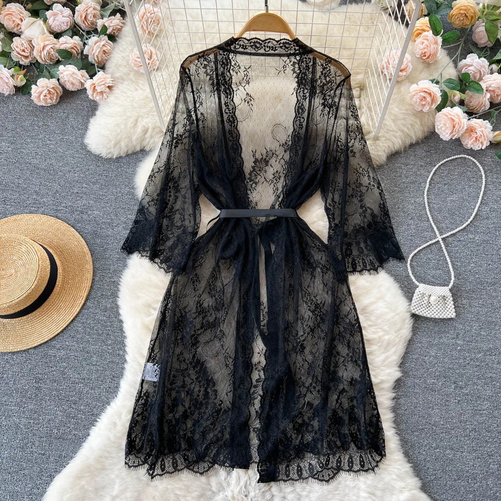SINGREINY Mesh Lace Sxy Cardigan Pajamas Women Thin V Neck Transparent Black Lace-Up Design Fashion Loose Long Shawl Cardigan