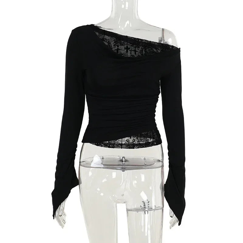 Goth Long Sleeve Oblique Shoulder Tops Fashion Autumn Elegant Flocking Mesh Patchwork T-shirts Mall Goth Techwear Alt Cloth