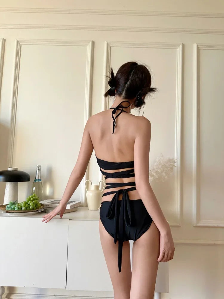 Black Sexy Strapless High Waist Slimming Bikini Set for Hot Spring Vacation Separation Design Fashionable Women's Swimsuit
