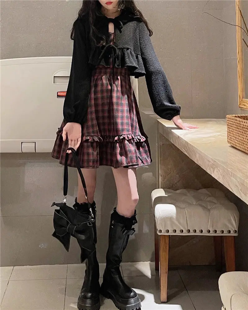 KOSAHIKI Plaid Dress Sets Women Outfits Black Lace Up Long Sleeve Cardigan Teen Girls Ruffles Sweet High Waist Sleeveless Dresse