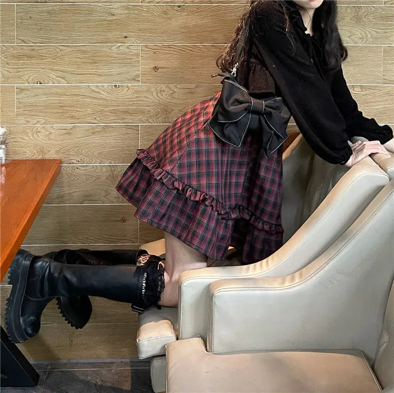 KOSAHIKI Plaid Dress Sets Women Outfits Black Lace Up Long Sleeve Cardigan Teen Girls Ruffles Sweet High Waist Sleeveless Dresse