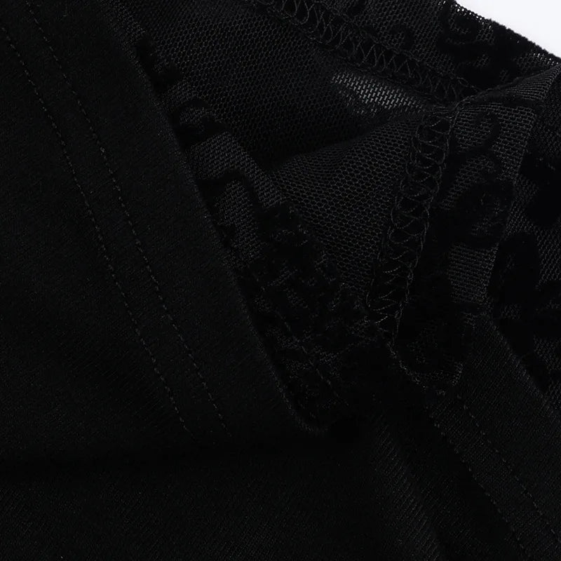 Goth Long Sleeve Oblique Shoulder Tops Fashion Autumn Elegant Flocking Mesh Patchwork T-shirts Mall Goth Techwear Alt Cloth