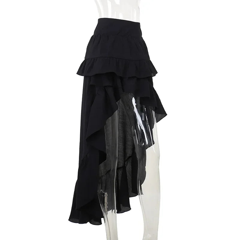 Goth Dark Kawaii Black Tiered Skirts 90S Retro Irregular Hem Party Bottoms Mall Gothic Women Fashion Dragging Skirt Alt Clothing