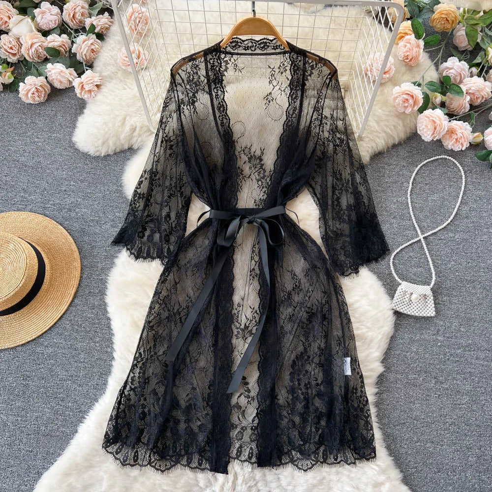 SINGREINY Mesh Lace Sxy Cardigan Pajamas Women Thin V Neck Transparent Black Lace-Up Design Fashion Loose Long Shawl Cardigan