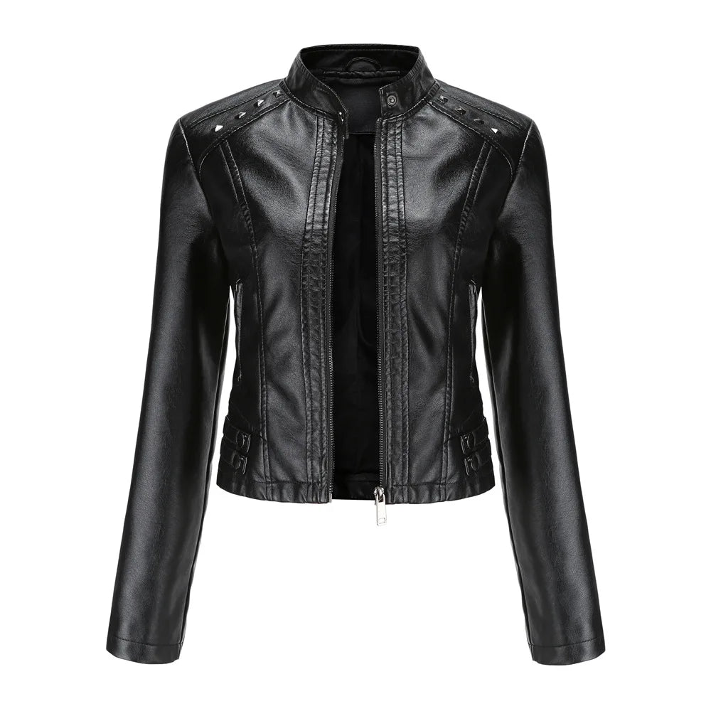 Faux Leather Motorcycle Jacket for Women, Female Coat, Moto Biker, Purple, Black,  Autumn, Spring, Fashion