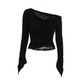 Goth Long Sleeve Oblique Shoulder Tops Fashion Autumn Elegant Flocking Mesh Patchwork T-shirts Mall Goth Techwear Alt Cloth