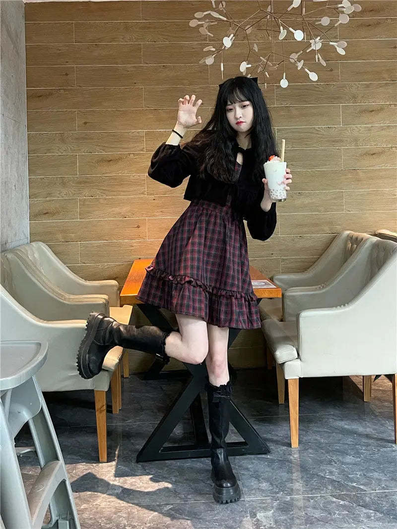KOSAHIKI Plaid Dress Sets Women Outfits Black Lace Up Long Sleeve Cardigan Teen Girls Ruffles Sweet High Waist Sleeveless Dresse