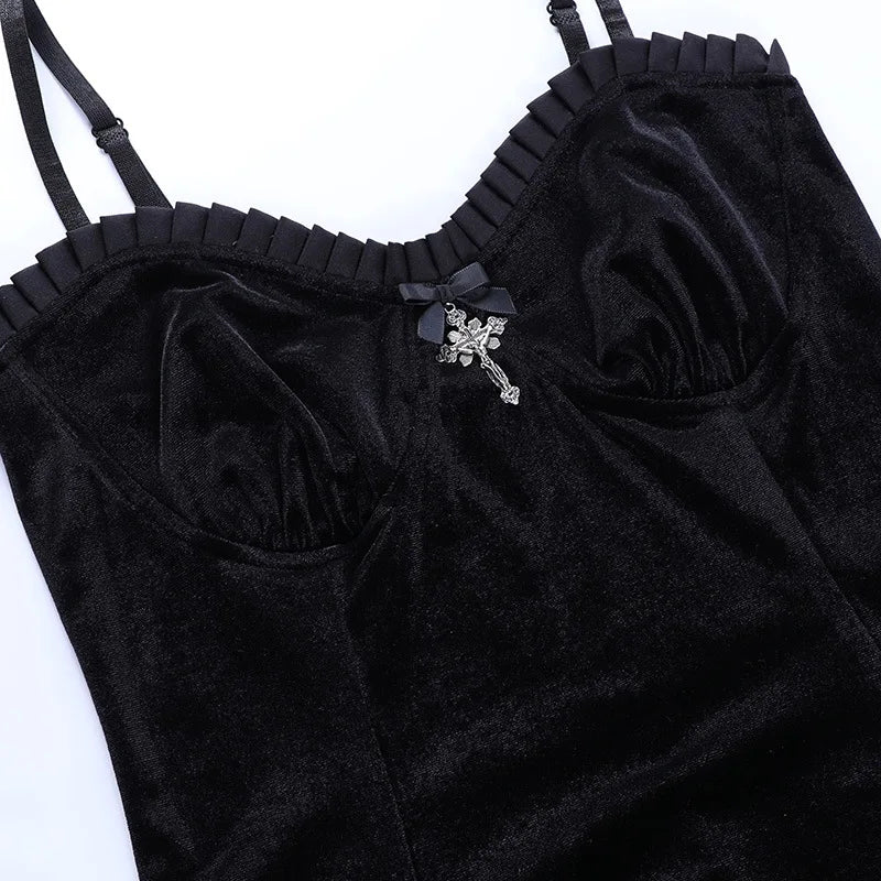 Goth Cross Sexy Purple Dress Vintage Velvet A Line Lolita Dress Aesthetic Gothic High Waist Ladies Club Party Dresses