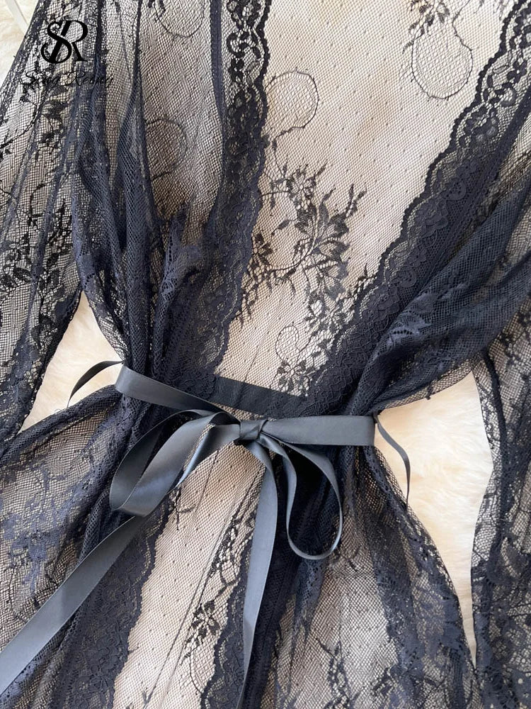 SINGREINY Mesh Lace Sxy Cardigan Pajamas Women Thin V Neck Transparent Black Lace-Up Design Fashion Loose Long Shawl Cardigan