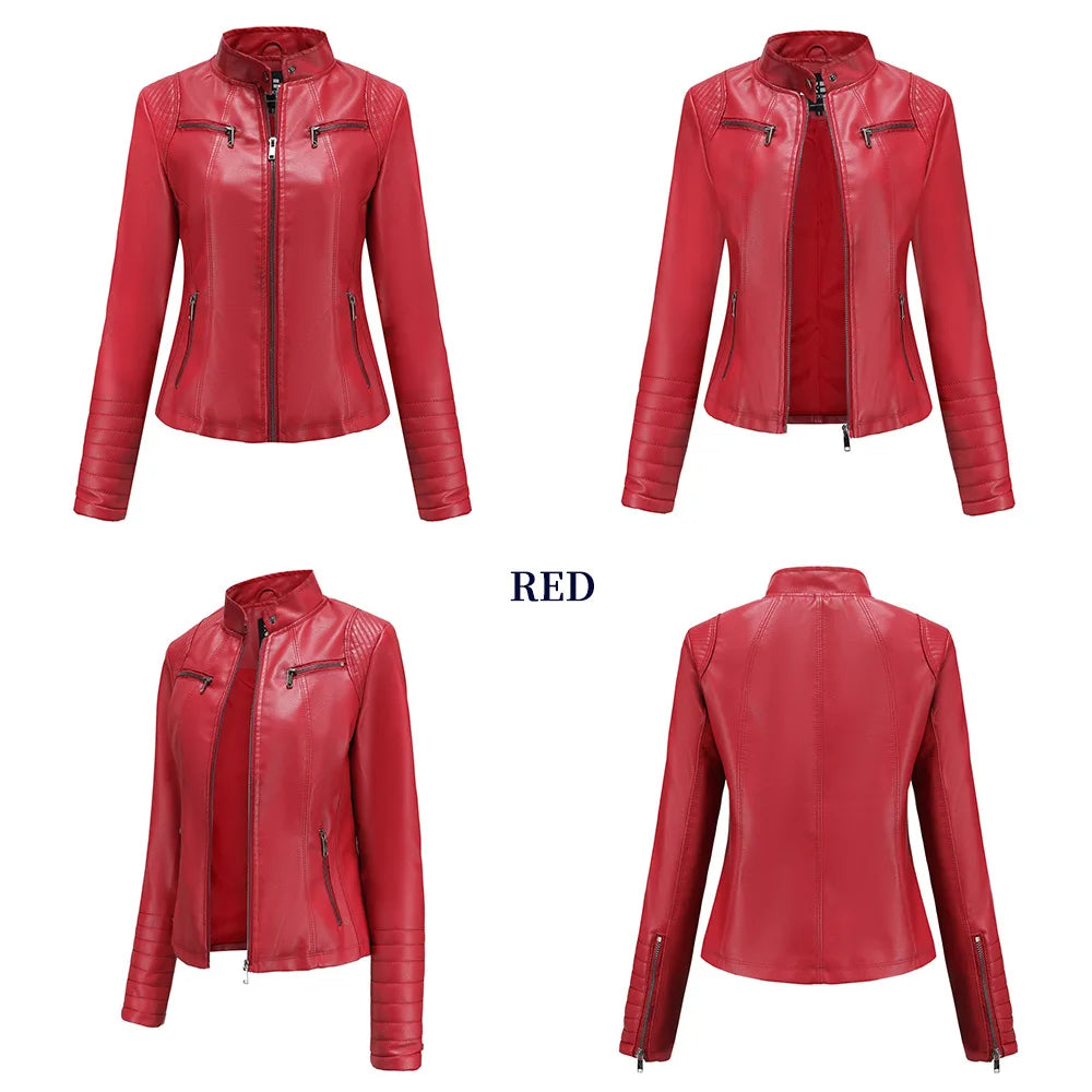 Faux Leather Motorcycle Jacket for Women, Female Coat, Moto Biker, Purple, Black,  Autumn, Spring, Fashion