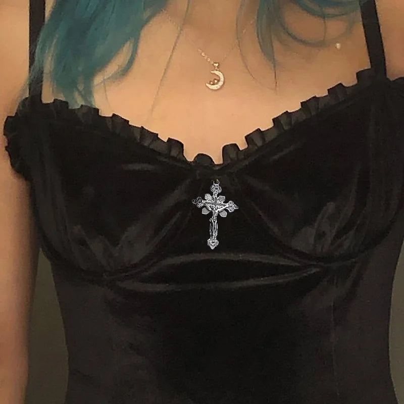 Goth Cross Sexy Purple Dress Vintage Velvet A Line Lolita Dress Aesthetic Gothic High Waist Ladies Club Party Dresses