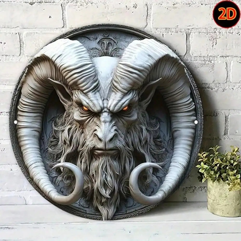 Gothic Goat Head Metal Plaque， Heavy-Duty Aluminum Devil Wall Art with Glaring Eyes & Textured Decor， Gothic Wall Decor Sign