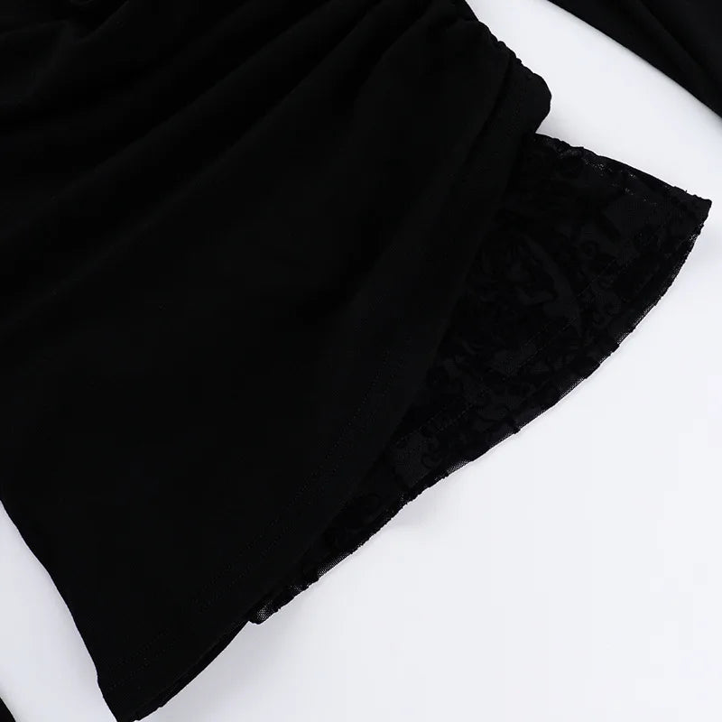Goth Long Sleeve Oblique Shoulder Tops Fashion Autumn Elegant Flocking Mesh Patchwork T-shirts Mall Goth Techwear Alt Cloth
