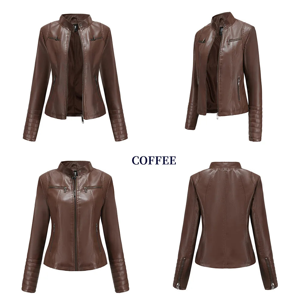 Faux Leather Motorcycle Jacket for Women, Female Coat, Moto Biker, Purple, Black,  Autumn, Spring, Fashion