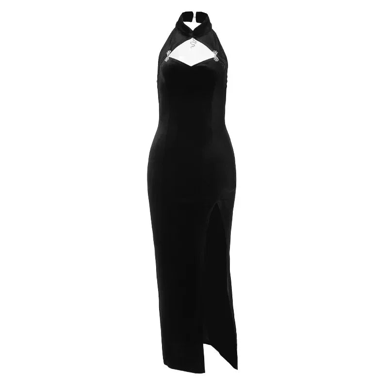 Goth Dark Elegant Evening Velvet Cheongsam Dresses Mall Gothic Lace Flare Sleeve Crop Tops Grunge Split Cut Out Partywear Dress
