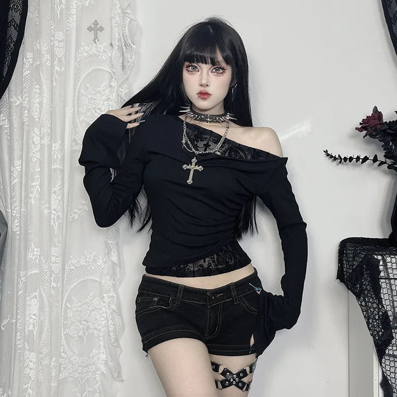 Goth Long Sleeve Oblique Shoulder Tops Fashion Autumn Elegant Flocking Mesh Patchwork T-shirts Mall Goth Techwear Alt Cloth