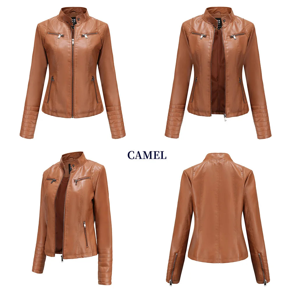 Faux Leather Motorcycle Jacket for Women, Female Coat, Moto Biker, Purple, Black,  Autumn, Spring, Fashion