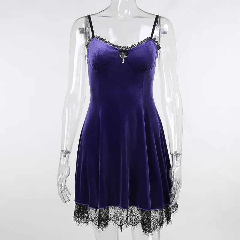 Goth Cross Sexy Purple Dress Vintage Velvet A Line Lolita Dress Aesthetic Gothic High Waist Ladies Club Party Dresses