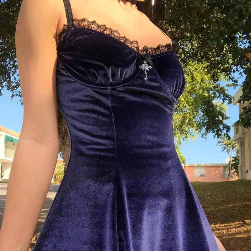 Goth Cross Sexy Purple Dress Vintage Velvet A Line Lolita Dress Aesthetic Gothic High Waist Ladies Club Party Dresses