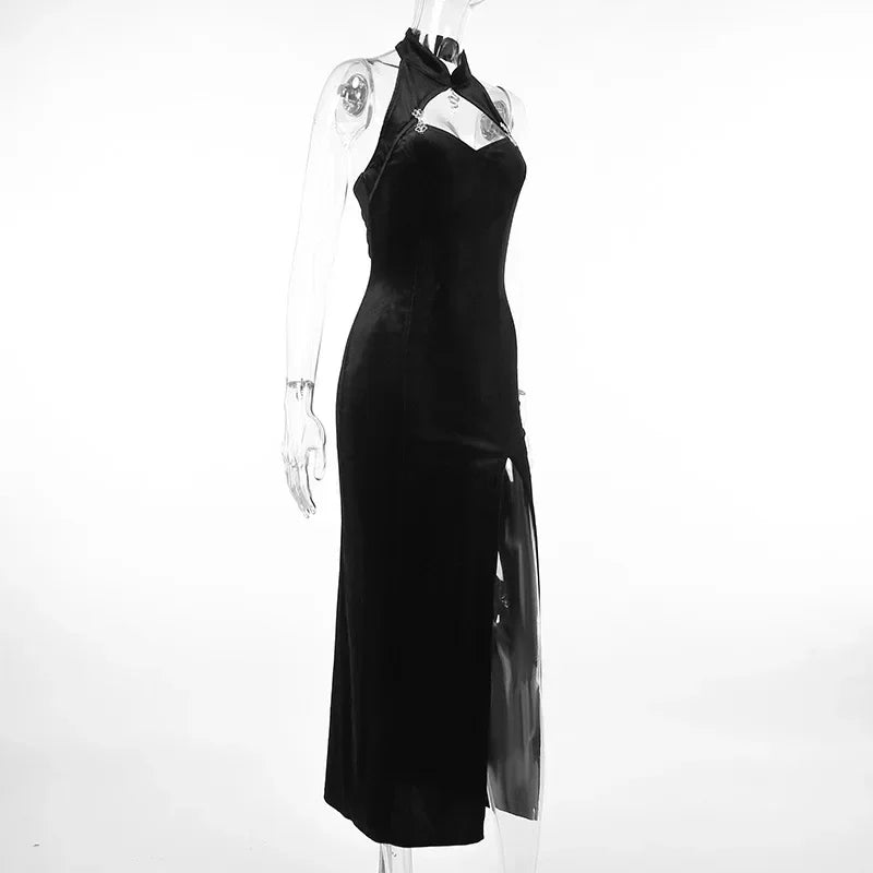 Goth Dark Elegant Evening Velvet Cheongsam Dresses Mall Gothic Lace Flare Sleeve Crop Tops Grunge Split Cut Out Partywear Dress