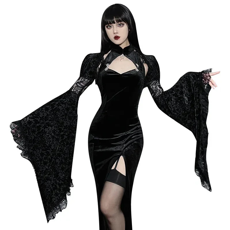 Goth Dark Elegant Evening Velvet Cheongsam Dresses Mall Gothic Lace Flare Sleeve Crop Tops Grunge Split Cut Out Partywear Dress