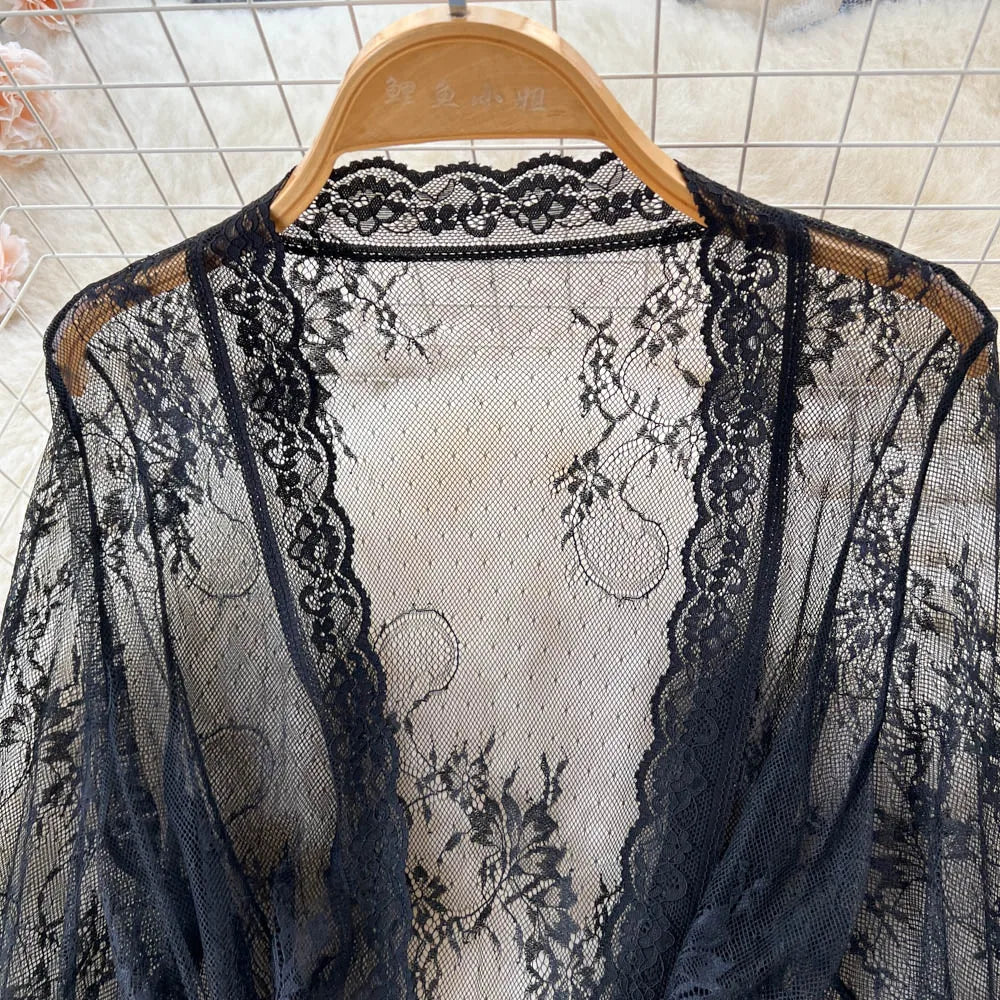 SINGREINY Mesh Lace Sxy Cardigan Pajamas Women Thin V Neck Transparent Black Lace-Up Design Fashion Loose Long Shawl Cardigan