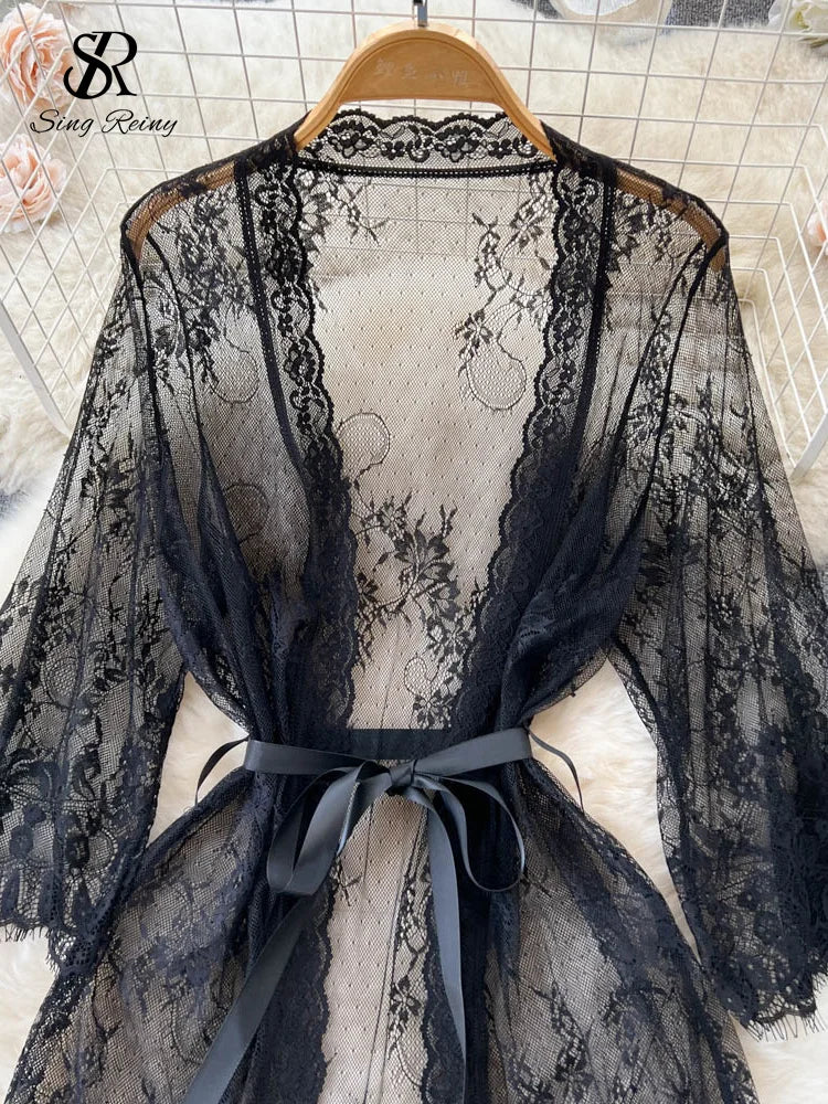 SINGREINY Mesh Lace Sxy Cardigan Pajamas Women Thin V Neck Transparent Black Lace-Up Design Fashion Loose Long Shawl Cardigan