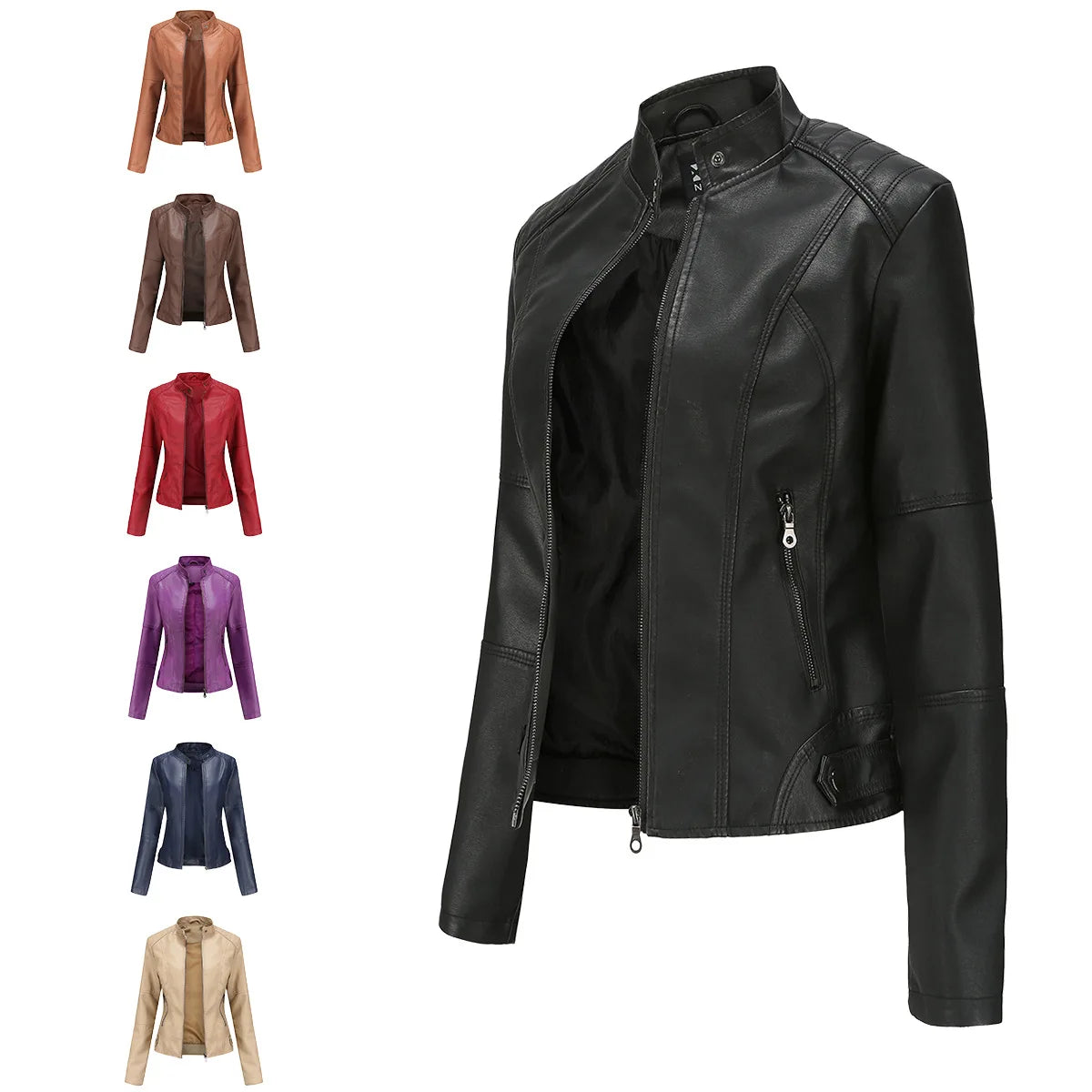 Faux Leather Motorcycle Jacket for Women, Female Coat, Moto Biker, Purple, Black,  Autumn, Spring, Fashion