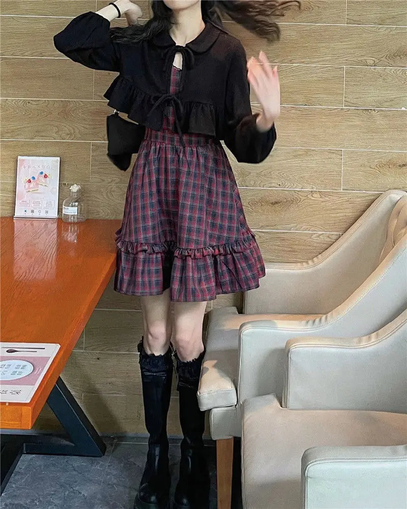 KOSAHIKI Plaid Dress Sets Women Outfits Black Lace Up Long Sleeve Cardigan Teen Girls Ruffles Sweet High Waist Sleeveless Dresse