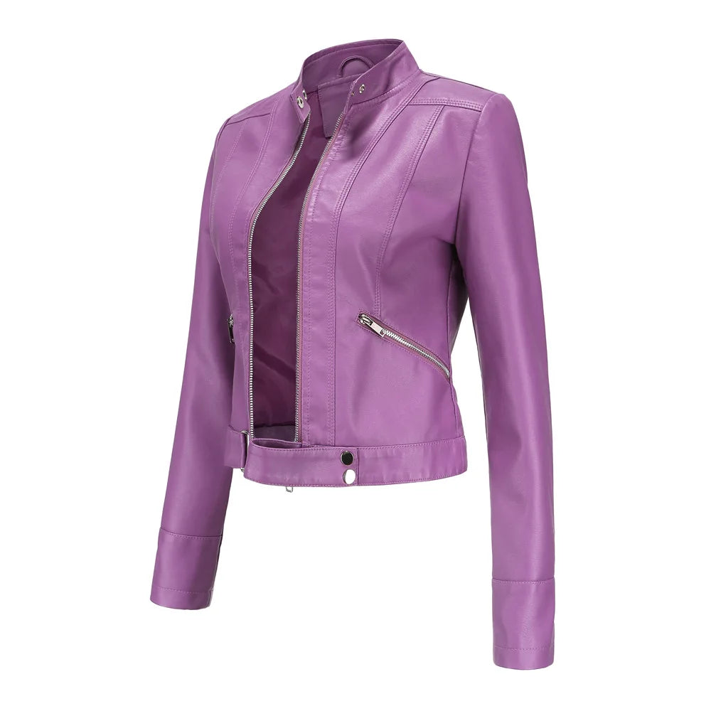 Faux Leather Motorcycle Jacket for Women, Female Coat, Moto Biker, Purple, Black,  Autumn, Spring, Fashion
