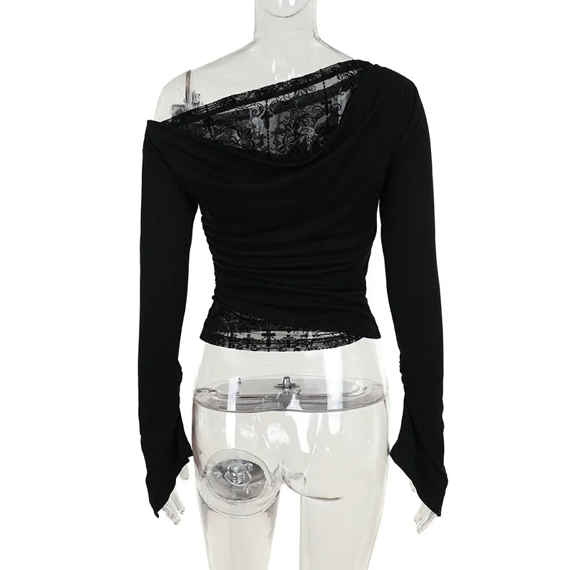 Goth Long Sleeve Oblique Shoulder Tops Fashion Autumn Elegant Flocking Mesh Patchwork T-shirts Mall Goth Techwear Alt Cloth