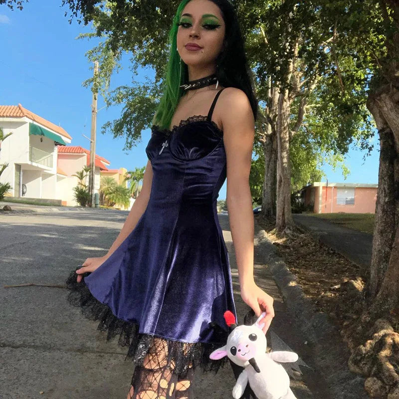 Goth Cross Sexy Purple Dress Vintage Velvet A Line Lolita Dress Aesthetic Gothic High Waist Ladies Club Party Dresses