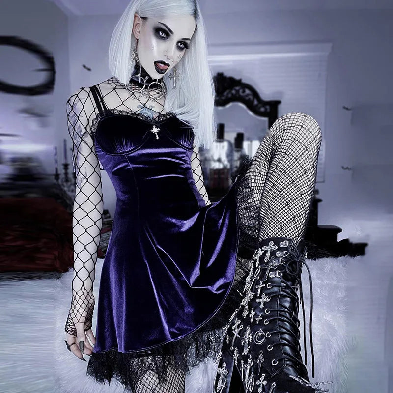 Goth Cross Sexy Purple Dress Vintage Velvet A Line Lolita Dress Aesthetic Gothic High Waist Ladies Club Party Dresses