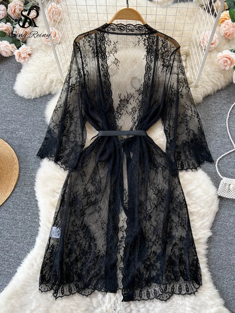 SINGREINY Mesh Lace Sxy Cardigan Pajamas Women Thin V Neck Transparent Black Lace-Up Design Fashion Loose Long Shawl Cardigan